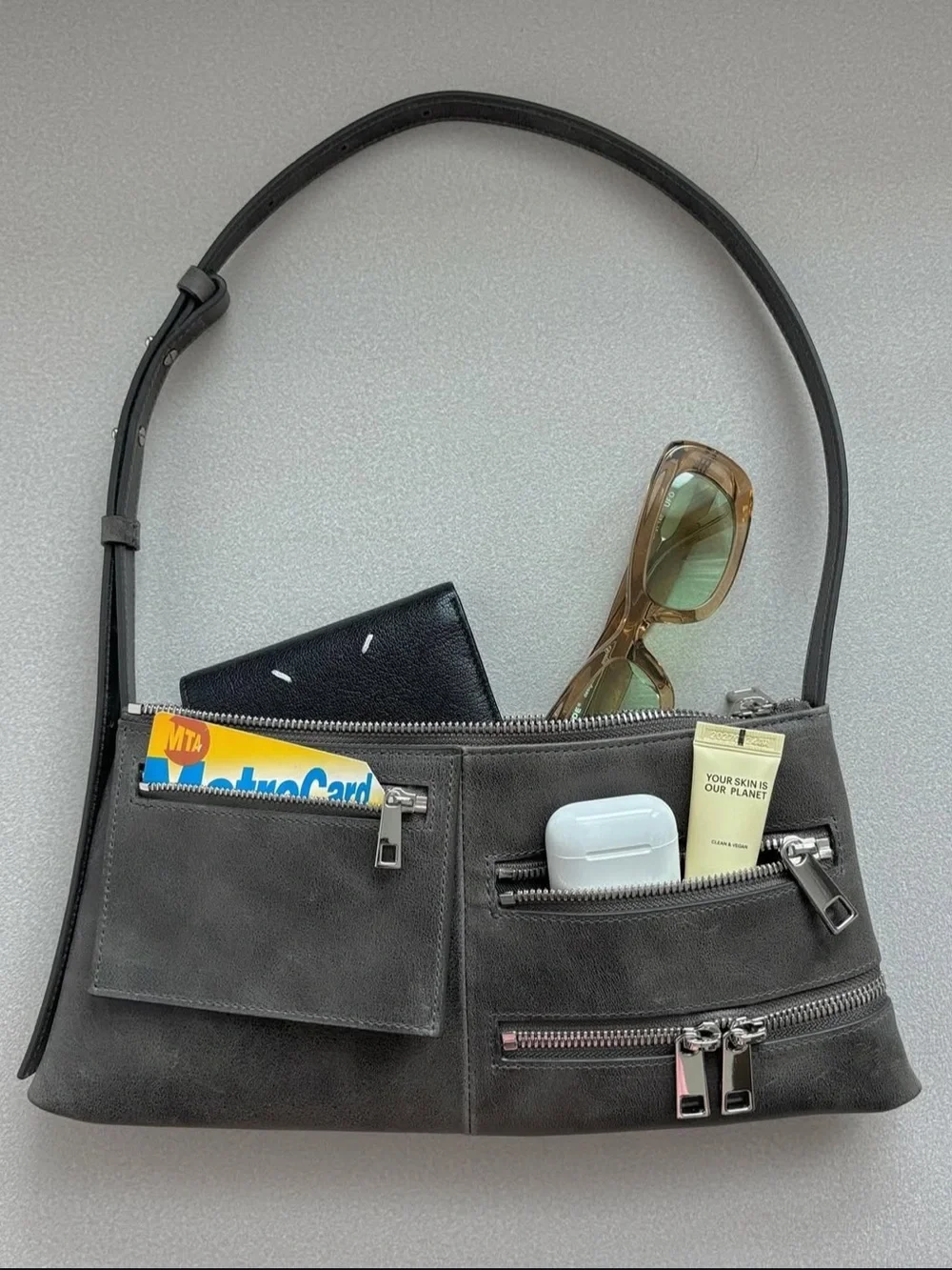 Sleek Gray Suede Multi-Pocket Shoulder Bag